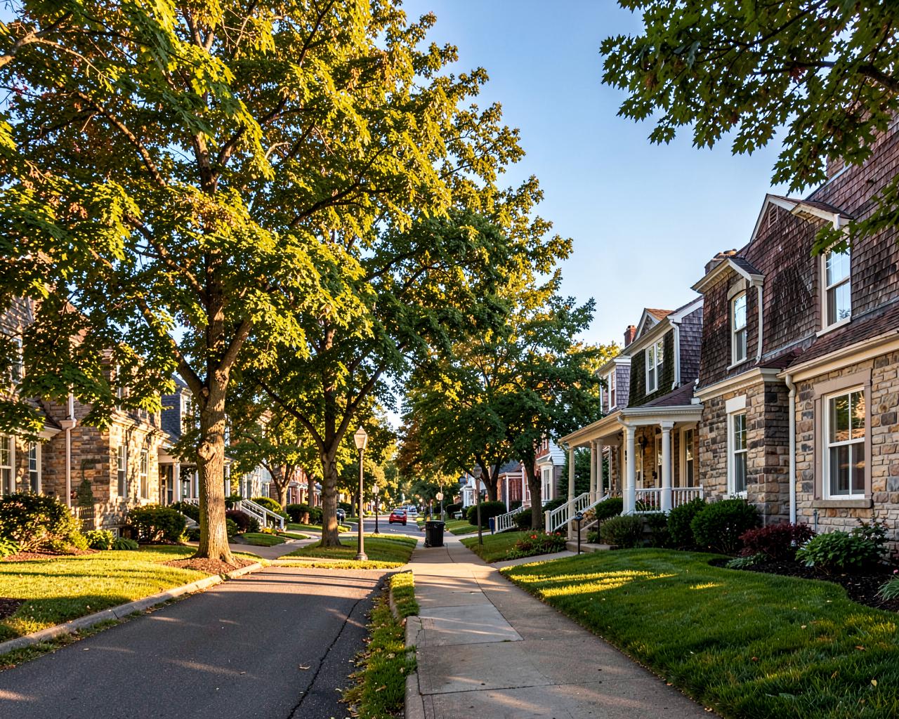 A tree-lined Westchester County street of village homes